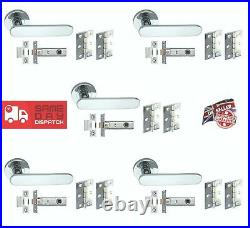 5 Heavy Duty Sprung Interior Chrome Lever on Rose Door Handles+Latch & 3 Hinges