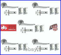 5 Pack of Door Handles Satin Chrome Lever on Rose Hinges and Latches Included