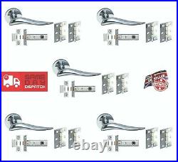 5 Pair of Solid Brass Internal Chrome Door Handle on Rose with Latch & 3 Hinges