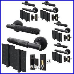 Black Knurled Door Handle Latch Set, Pack of 5, Handles, Latch 66mm, Hinges 76mm