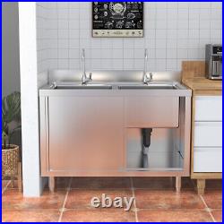 Catering Sink Stainless Steel Dual Bowls Commercial Kitchen Cabinet Sliding Door