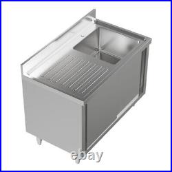 Commercial Kitchen Sink Single Bowl Dual Doors Prep Table Drainer with Splashboard