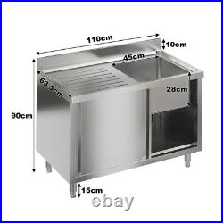 Commercial Kitchen Sink Single Bowl Dual Doors Prep Table Drainer with Splashboard