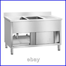 Commercial Stainless Steel Double Sink Basin And Drainer Unit Large Storage Area