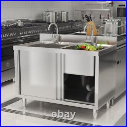 Commercial Stainless Steel Kitchen Sink Work Table with Cabinet Sliding Door NEW