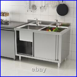 Commercial Stainless Steel Sink Kitchen Cabinet Large Double Bowl Sliding Doors