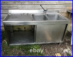 Commercial double bowl stainless steel sink With Sliding Doors And Bottom Shelf