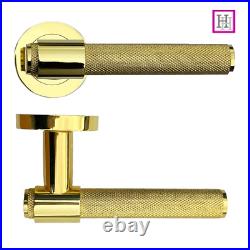 Knurled Door Handles Polished Brass Loop & Neck On A Round Rose Lach Handle