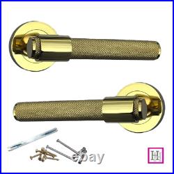Knurled Door Handles Polished Brass Loop & Neck On A Round Rose Lach Handle