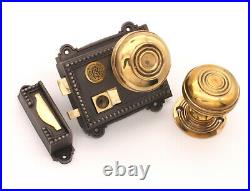 Old Traditional Regency Cast Iron Rim Latch with Choice of Brass Door Knobs Set